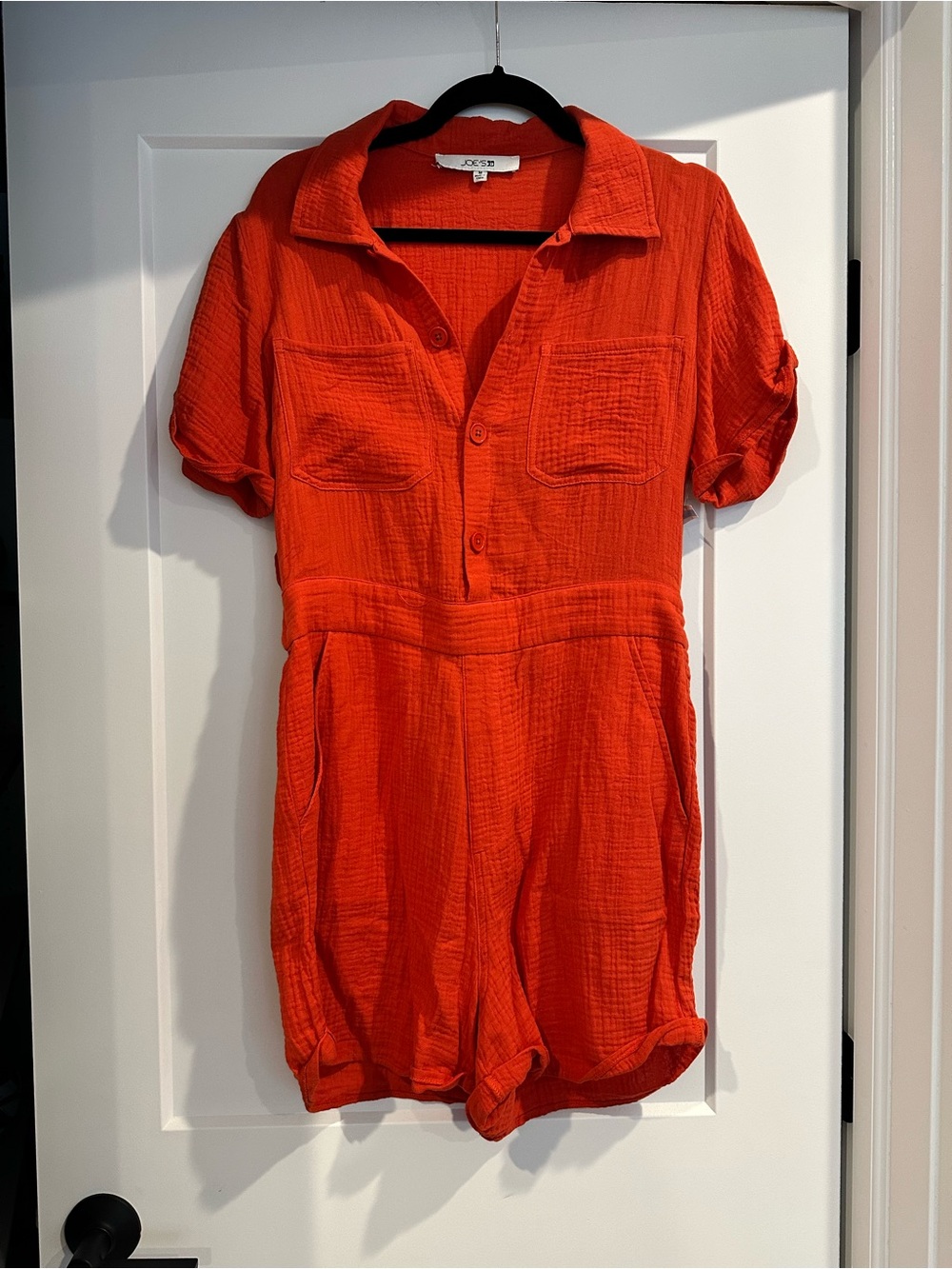 Bright RedOrange Gauze Button-Front Short Sleeve Romper